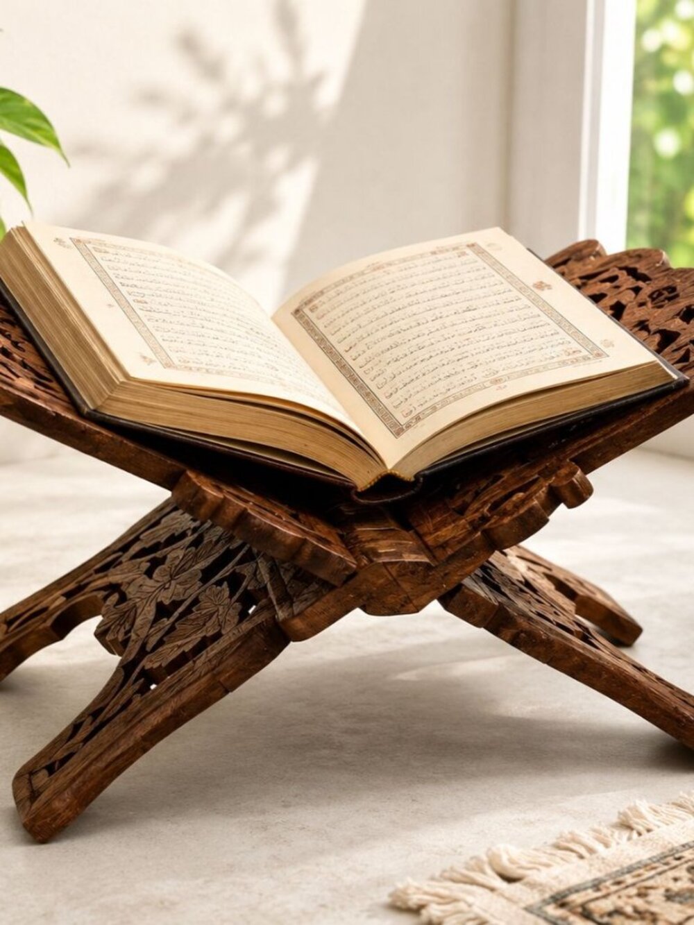 Hand-Carved Wooden Book Stand For Quran Bible Or Religious Texts 15" Foldable Ru